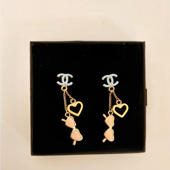 CHANEL Gold Pink Heart Drop Dangle Earrings